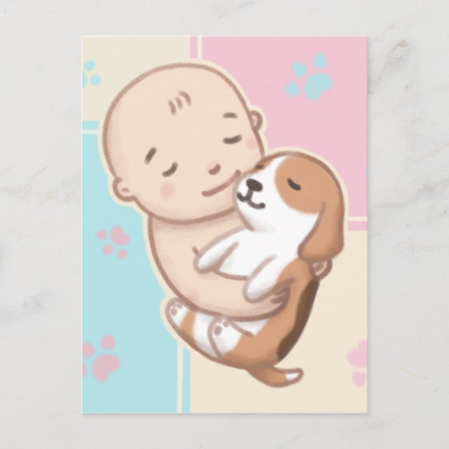 Carte Postale Illustration d'art mignon de chien et de bébé (Devant)