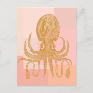 Carte Postale Illustration d'art octopus en rose et or