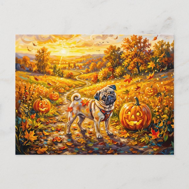 Carte Postale Illustration de balais de chemin de citrouille aut (Devant)