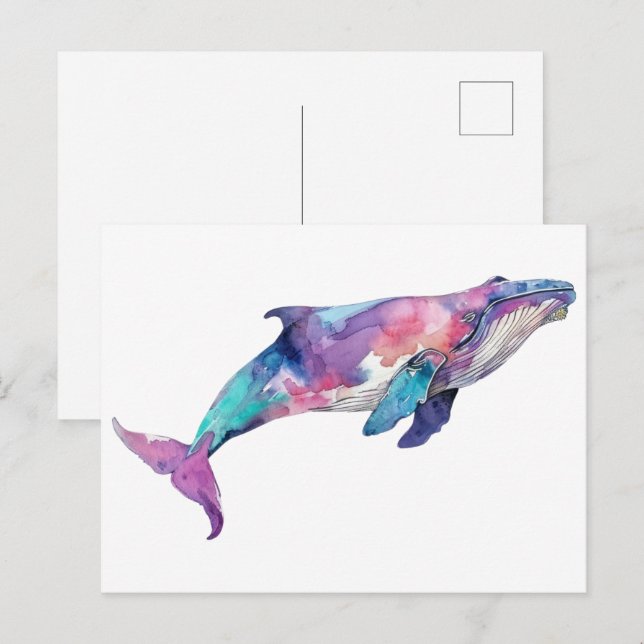 Carte Postale Illustration de baleine colorée petite (Devant / Derrière)