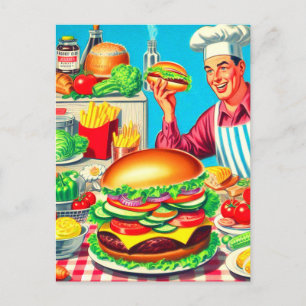 Carte Postale Illustration de bande dessinée Retro Hamburger