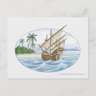 Carte Postale Illustration de bateau du 16ème siècle près d'île