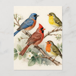 Carte Postale Illustration de branche fleurie avec oiseaux chant