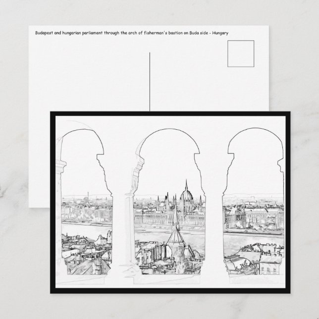 Carte Postale Illustration de Budapest et du parlement hongrois (Devant / Derrière)