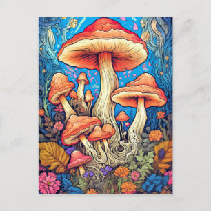 Carte Postale Illustration de champignons sauvages psychédélique