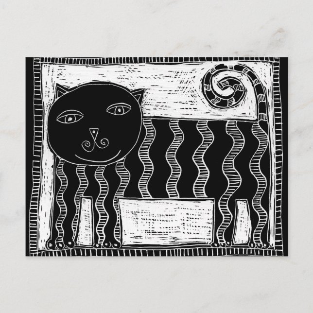 Carte Postale Illustration de chat noir et blanc rayé (Devant)