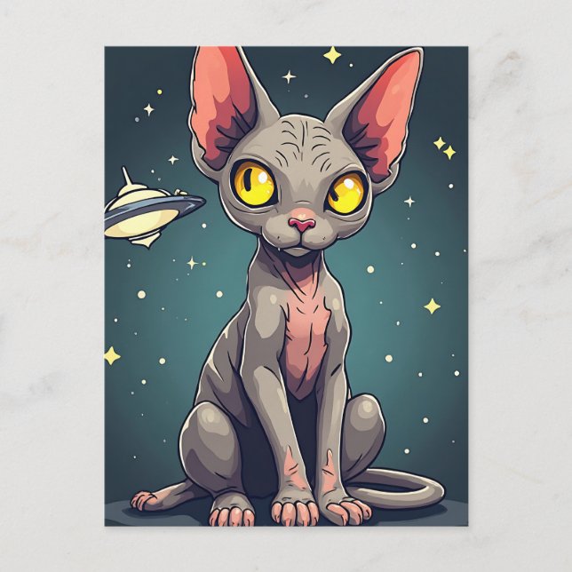Carte Postale Illustration de chat Sphynx UFO dans l'espace de s (Devant)