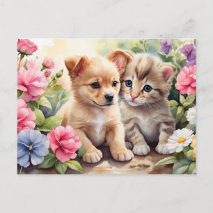 Carte Postale Illustration de chaton et de chiot dans le jardin 
