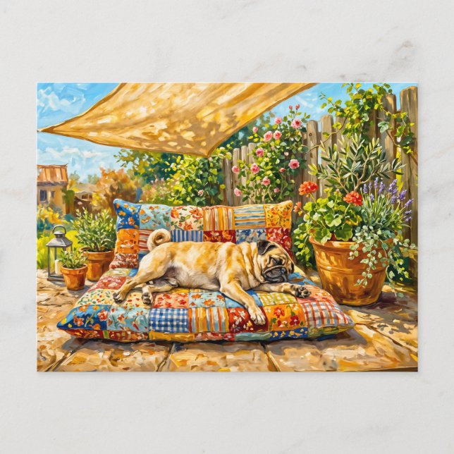 Carte Postale Illustration de chien Mops de terrasse estivale fa (Devant)