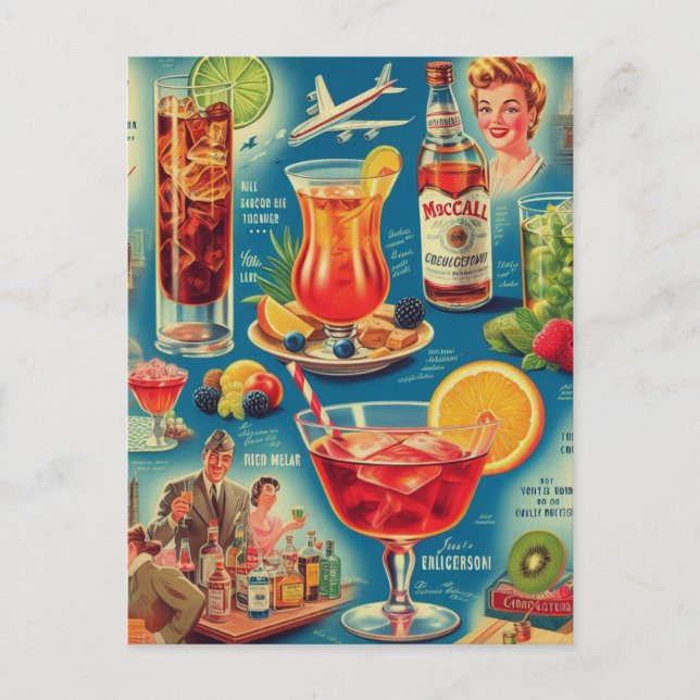 Carte Postale Illustration de cocktails vintages (Devant)