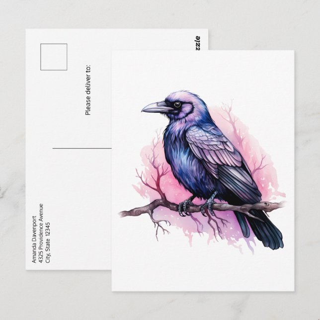 Carte Postale Illustration de corbeau noir sur une branche (Devant / Derrière)