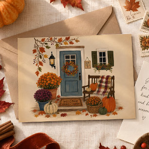 Carte Postale Illustration de couronne de citrouille de porche a