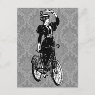 Carte Postale Illustration de dame victorienne vintage à bicycle