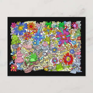 Carte Postale Illustration de dessin, de cochons, de fleurs et d