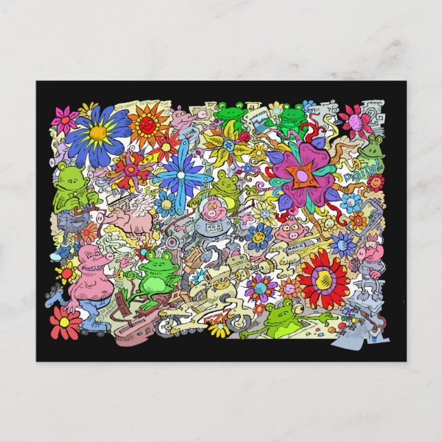 Carte Postale Illustration de dessin, de cochons, de fleurs et d (Devant)