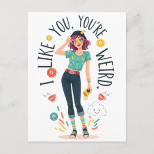 Carte Postale Illustration de fille bizarre cool Je t'aime drôle