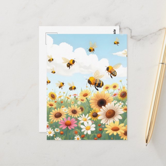 Carte Postale Illustration de fleurs et d'abeilles mignonnes (Devant/Arrière en situation)