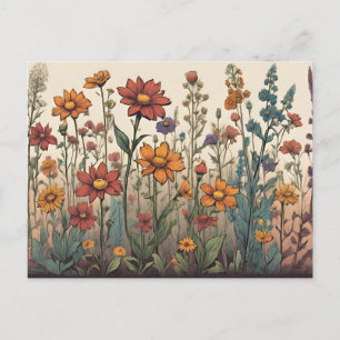 Carte Postale Illustration de fleurs sauvages poussant dans le c