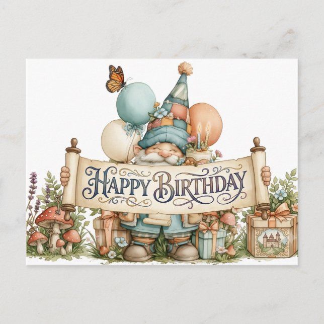 Carte Postale Illustration de gnome d'anniversaire avec ballons (Devant)