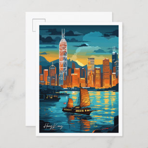 Carte Postale Illustration de Hong Kong Art Vintage voyage