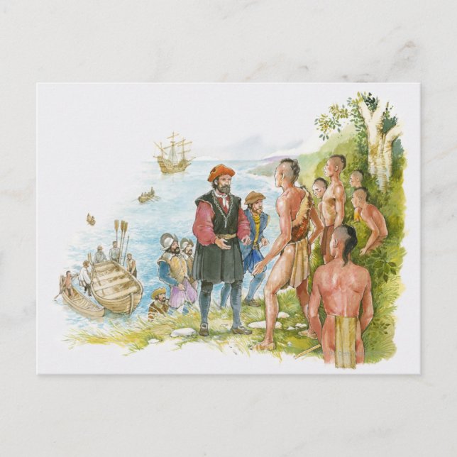Carte Postale Illustration de Jacques Cartier discutant avec (Devant)