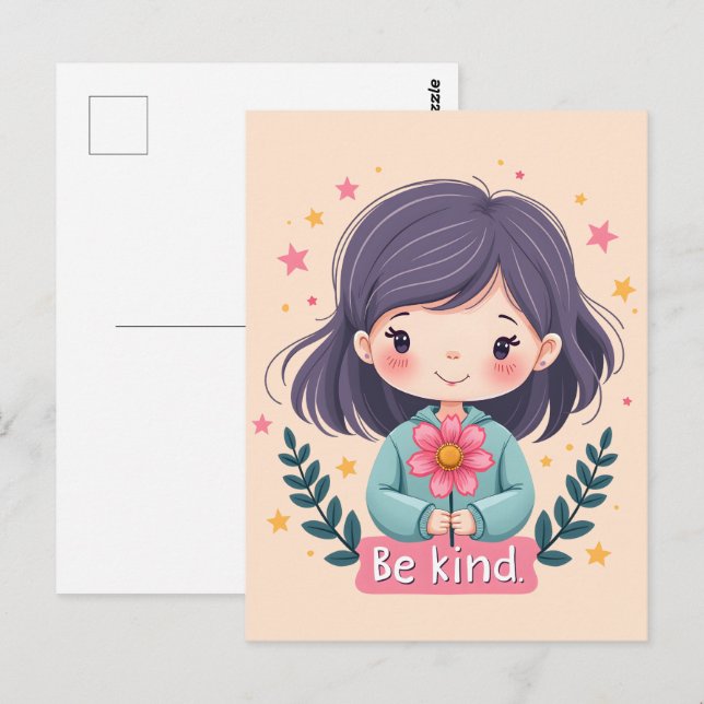 Carte Postale Illustration de Kawaii "Be Kind" - Art Intéressant (Devant / Derrière)