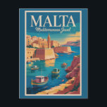 Carte Postale Illustration de la côte maltaise Art de voyage vin<br><div class="desc">Conception de voyage rétro vectorielle maltaise. Malte est une nation insulaire méditerranéenne époustouflante célèbre pour ses eaux turquoise,  ses forteresses anciennes et ses villes magnifiquement préservées. Avec un mélange d'influences européennes et moyen-orientales,  elle offre des plages ensoleillées,  une riche histoire et une vie côtière vibrante.</div>