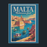 Carte Postale Illustration de la côte maltaise Art de voyage vin<br><div class="desc">Conception de voyage rétro vectorielle maltaise. Malte est une nation insulaire méditerranéenne époustouflante célèbre pour ses eaux turquoise,  ses forteresses anciennes et ses villes magnifiquement préservées. Avec un mélange d'influences européennes et moyen-orientales,  elle offre des plages ensoleillées,  une riche histoire et une vie côtière vibrante.</div>