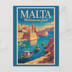 Carte Postale Illustration de la côte maltaise Art de voyage vin