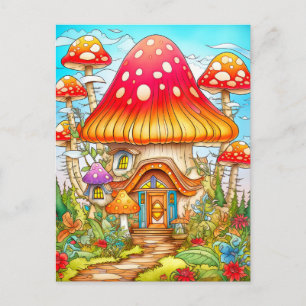 Carte Postale Illustration de la maison de champignons magiques