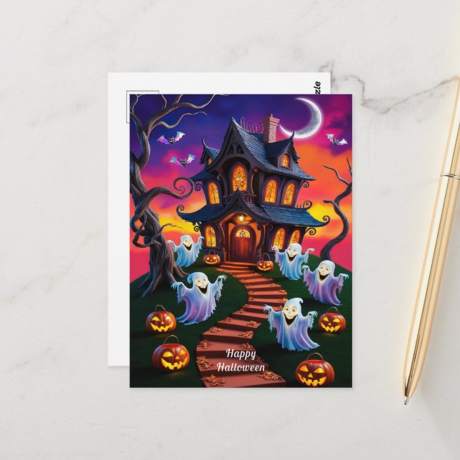 Carte Postale Illustration de la maison hantée d'Halloween éffra (Devant/Arrière en situation)