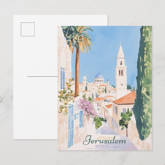 Carte Postale Illustration de la peinture Gouache de Jérusalem V (Devant / Derrière)