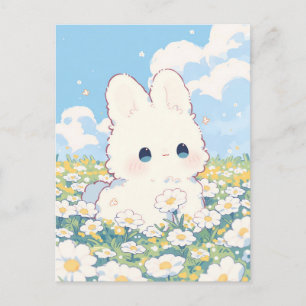 Carte Postale Illustration de la prairie de Daisy, lapin blanc d