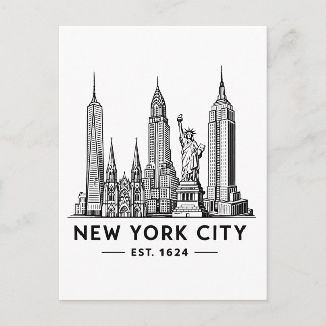 Carte Postale Illustration de la skyline de NYC avec la Statue d (Devant)