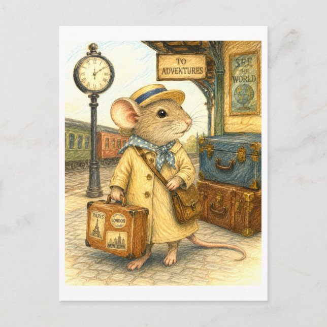 Carte Postale Illustration de la souris voyageuse (Devant)
