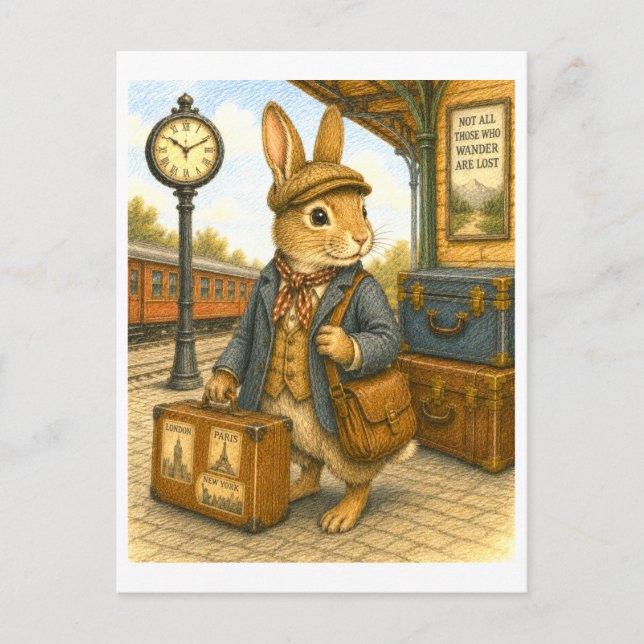 Carte Postale Illustration de lapin voyageur (Devant)