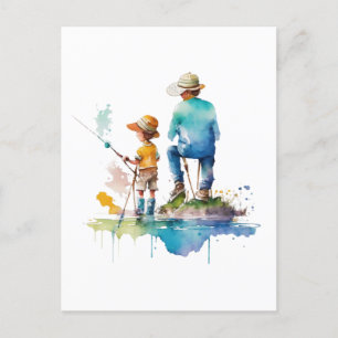 Carte Postale Illustration de l'aquarelle Père et Fils Ai Art