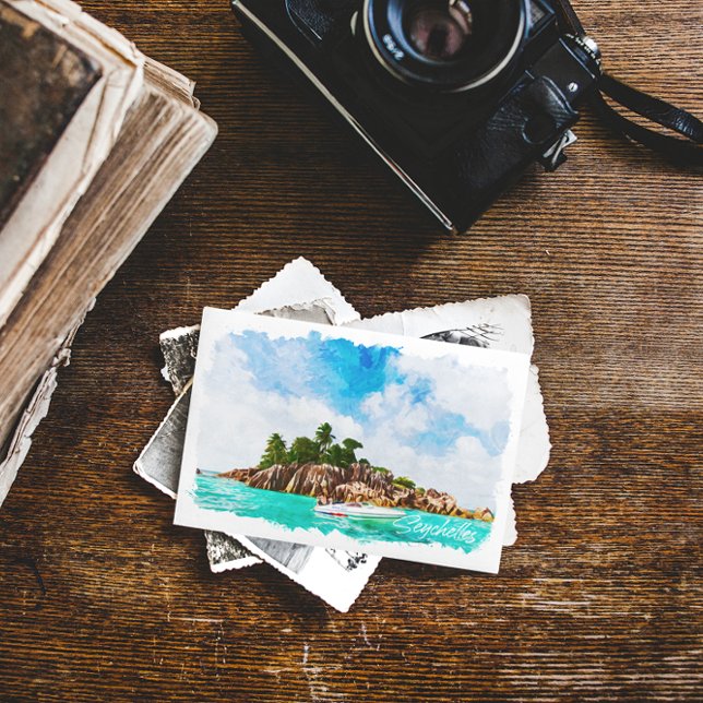 Carte Postale Illustration de l'aquarelle tropicale des Seychell (Seychelles exotic destination postcard)