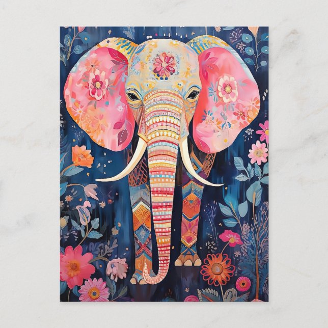 Carte Postale Illustration de l'éléphant avec fleurs (Devant)