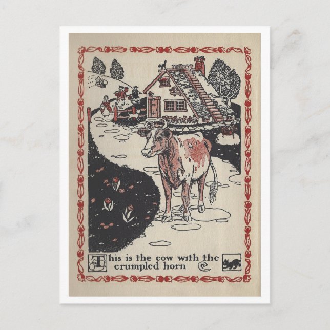 Carte Postale Illustration de livre ancien Vache à corne froissé (Devant)