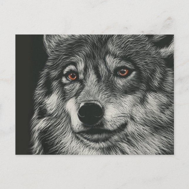 Carte Postale Illustration de loup noir et blanc (Devant)