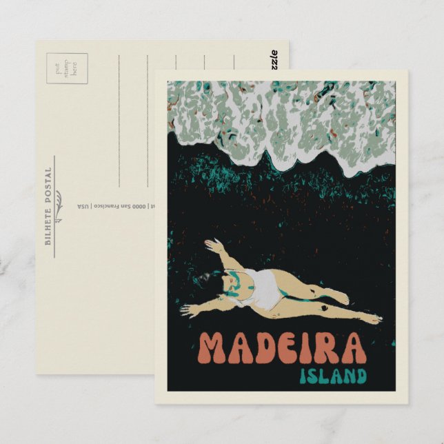 Carte Postale Illustration de Madère sur la plage de sable noir (Devant / Derrière)