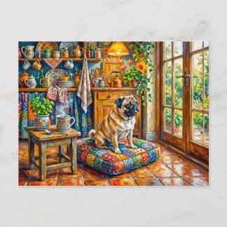 Carte Postale Illustration de Mops Fenêtre de Cuisine de Cottage