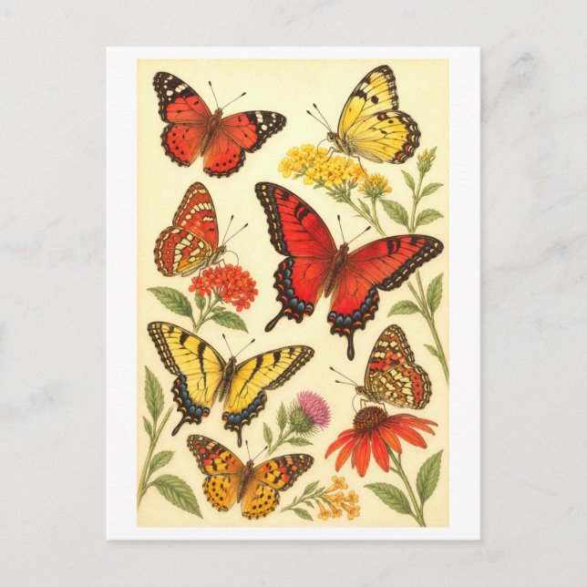 Carte Postale Illustration de papillon rouge et jaune de style v (Devant)