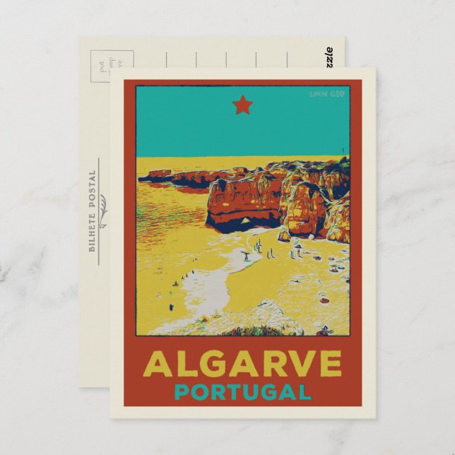 Carte Postale Illustration de plage Algarve Portugal (Devant / Derrière)
