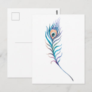 Carte Postale Illustration de plume de paon à l'aquarelle bleue