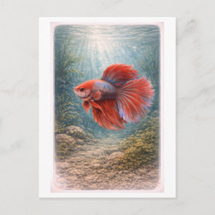 Carte Postale Illustration de poisson Betta de style vintage