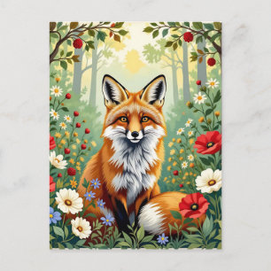 Carte Postale Illustration de renard dans une forêt de fleurs sa