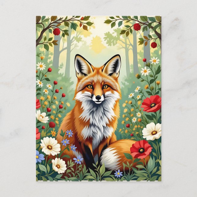 Carte Postale Illustration de renard dans une forêt de fleurs sa (Devant)
