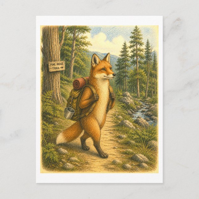 Carte Postale Illustration de renard randonnant (Devant)